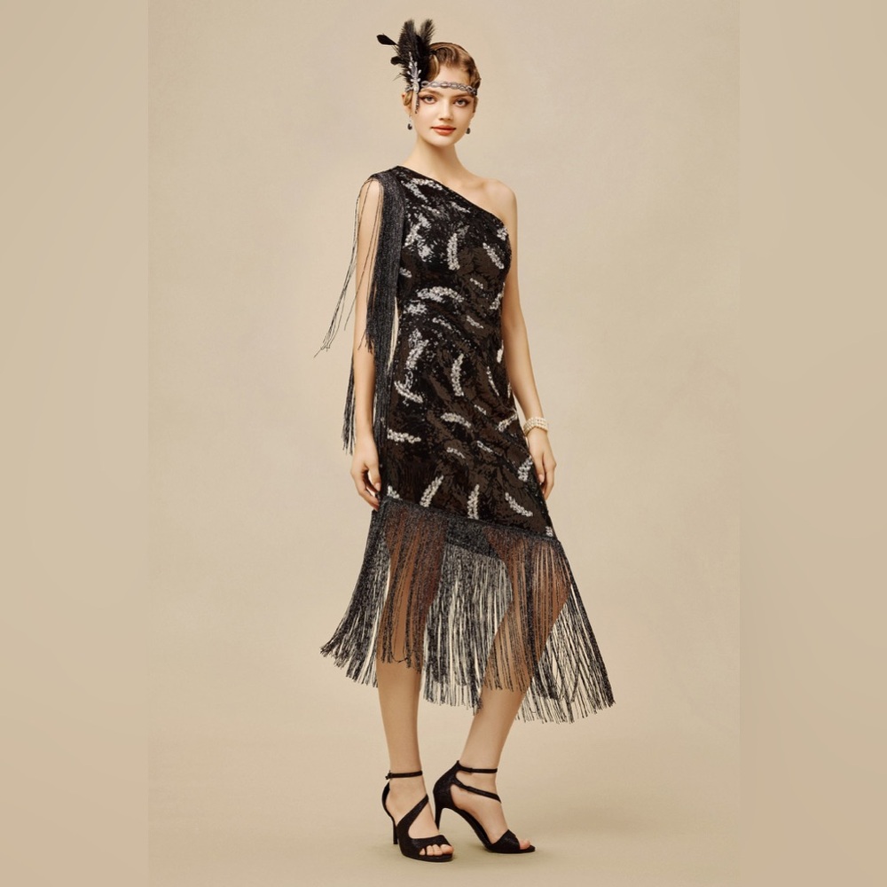 La Revue Nègre Feather Sequins Evening Gown, Flapper 1920’s inspired